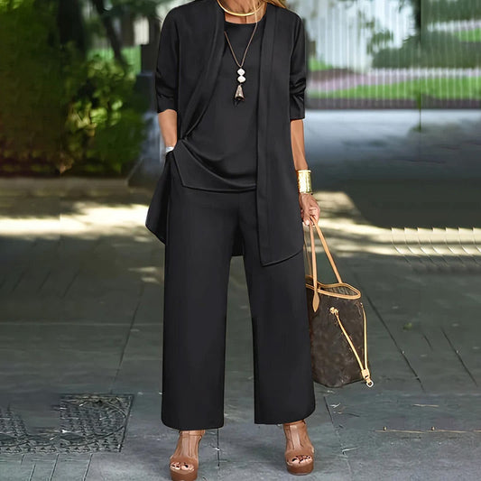 ⏰🔥LIMITED TIME 50% OFF! 💃 Elegant Women’s Relaxed Fit 3-Piece Set – Minimalist Wide-Leg Pants, Cardigan & Top in Luxe Stretch Fabric 🌟👚