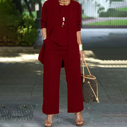 ⏰🔥LIMITED TIME 50% OFF! 💃 Elegant Women’s Relaxed Fit 3-Piece Set – Minimalist Wide-Leg Pants, Cardigan & Top in Luxe Stretch Fabric 🌟👚