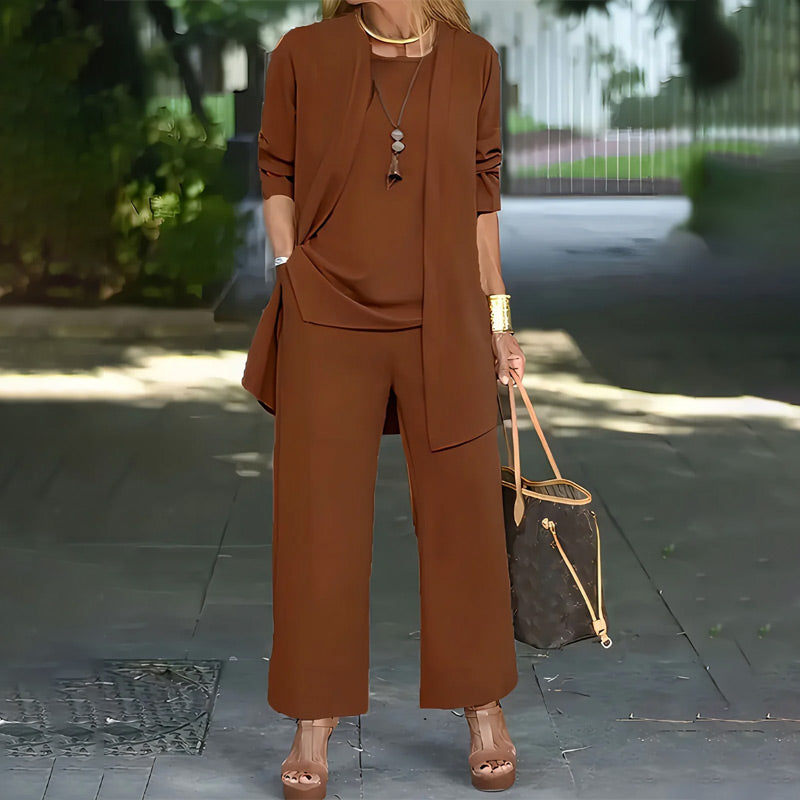 ⏰🔥LIMITED TIME 50% OFF! 💃 Elegant Women’s Relaxed Fit 3-Piece Set – Minimalist Wide-Leg Pants, Cardigan & Top in Luxe Stretch Fabric 🌟👚