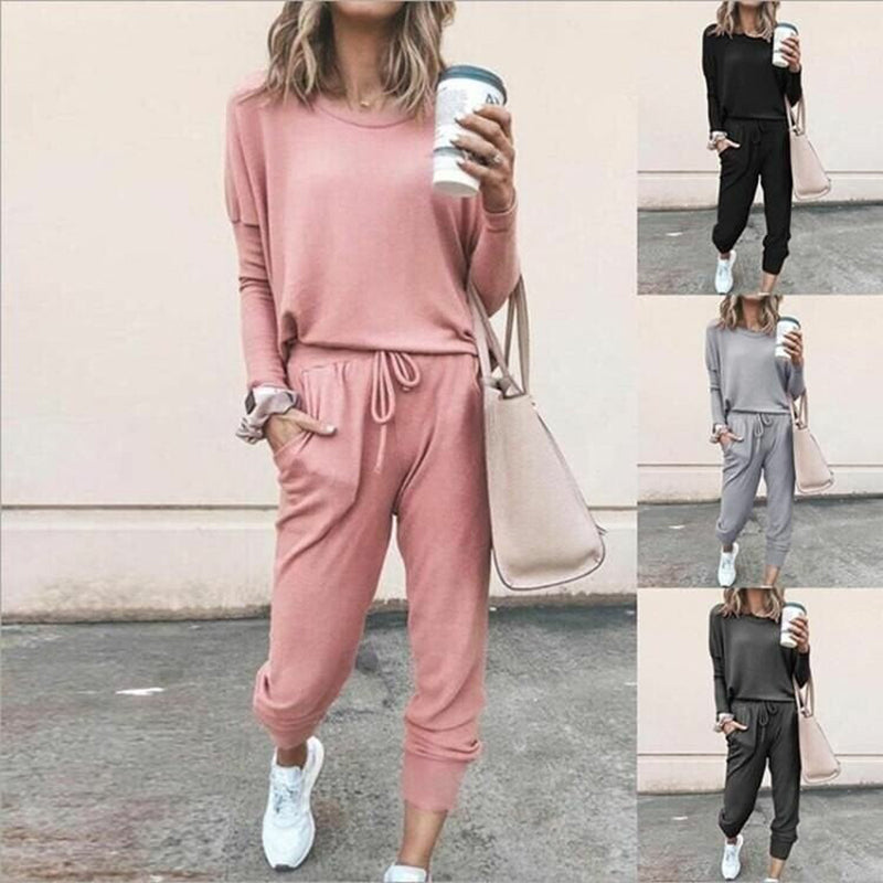 Women’s Solid Color Casual Set - Long Sleeve Top & Drawstring Pants