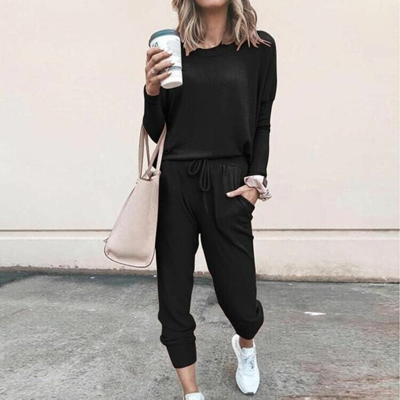 Women’s Solid Color Casual Set - Long Sleeve Top & Drawstring Pants