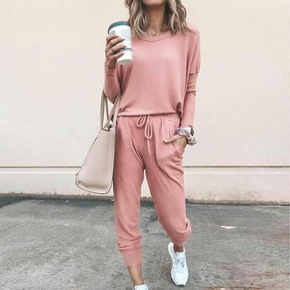 Women’s Solid Color Casual Set - Long Sleeve Top & Drawstring Pants