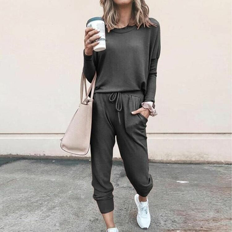 Women’s Solid Color Casual Set - Long Sleeve Top & Drawstring Pants