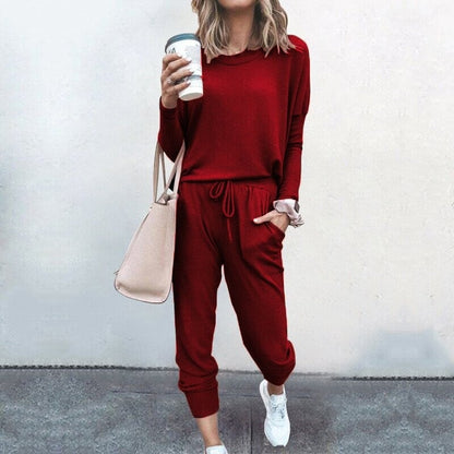 Women’s Solid Color Casual Set - Long Sleeve Top & Drawstring Pants