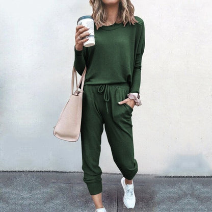 Women’s Solid Color Casual Set - Long Sleeve Top & Drawstring Pants