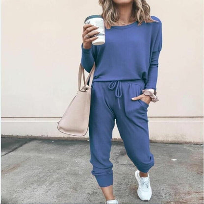 Women’s Solid Color Casual Set - Long Sleeve Top & Drawstring Pants