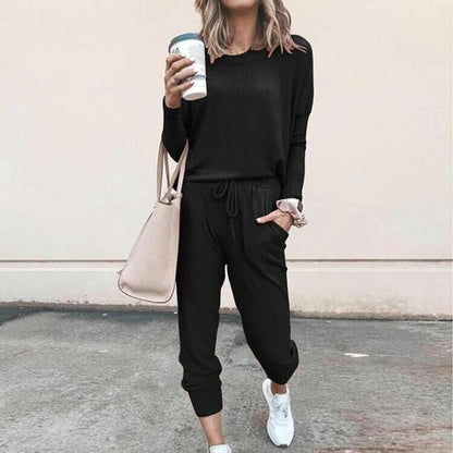 Women’s Solid Color Casual Set - Long Sleeve Top & Drawstring Pants