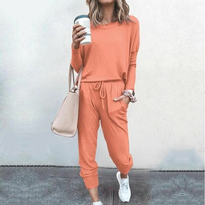 Women’s Solid Color Casual Set - Long Sleeve Top & Drawstring Pants