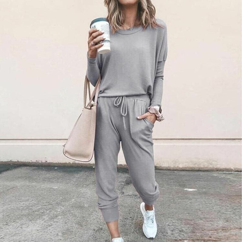 Women’s Solid Color Casual Set - Long Sleeve Top & Drawstring Pants