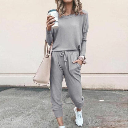 Women’s Solid Color Casual Set - Long Sleeve Top & Drawstring Pants
