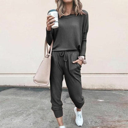Women’s Solid Color Casual Set - Long Sleeve Top & Drawstring Pants