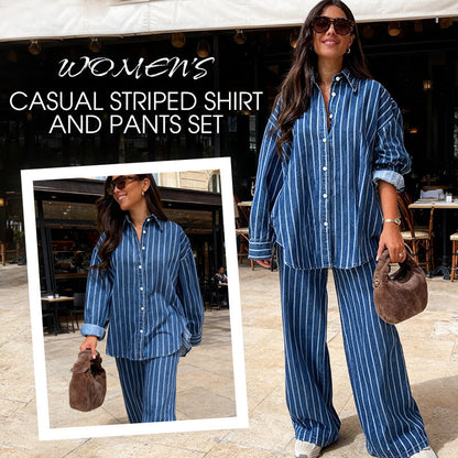 Women's Casual Striped Shirt and Pants Set
