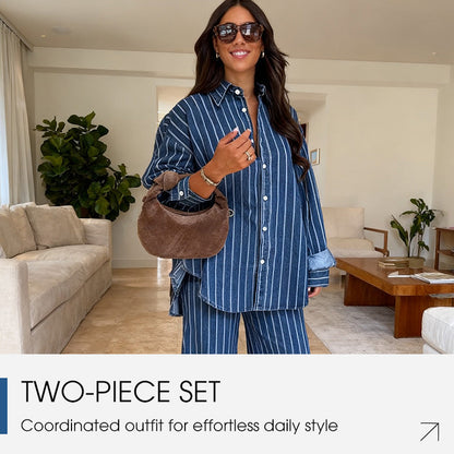 Women's Casual Striped Shirt and Pants Set