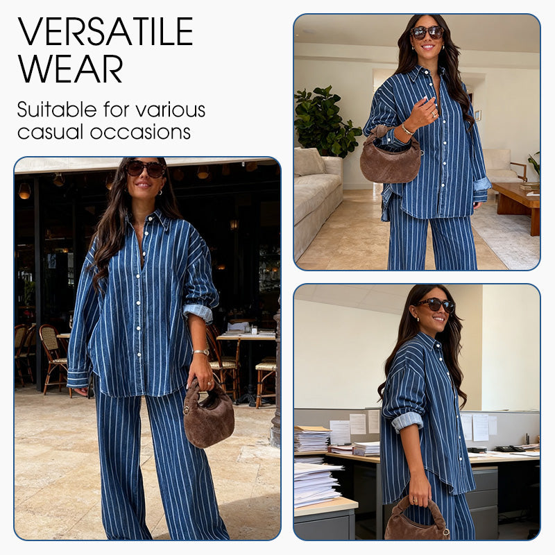 Women's Casual Striped Shirt and Pants Set