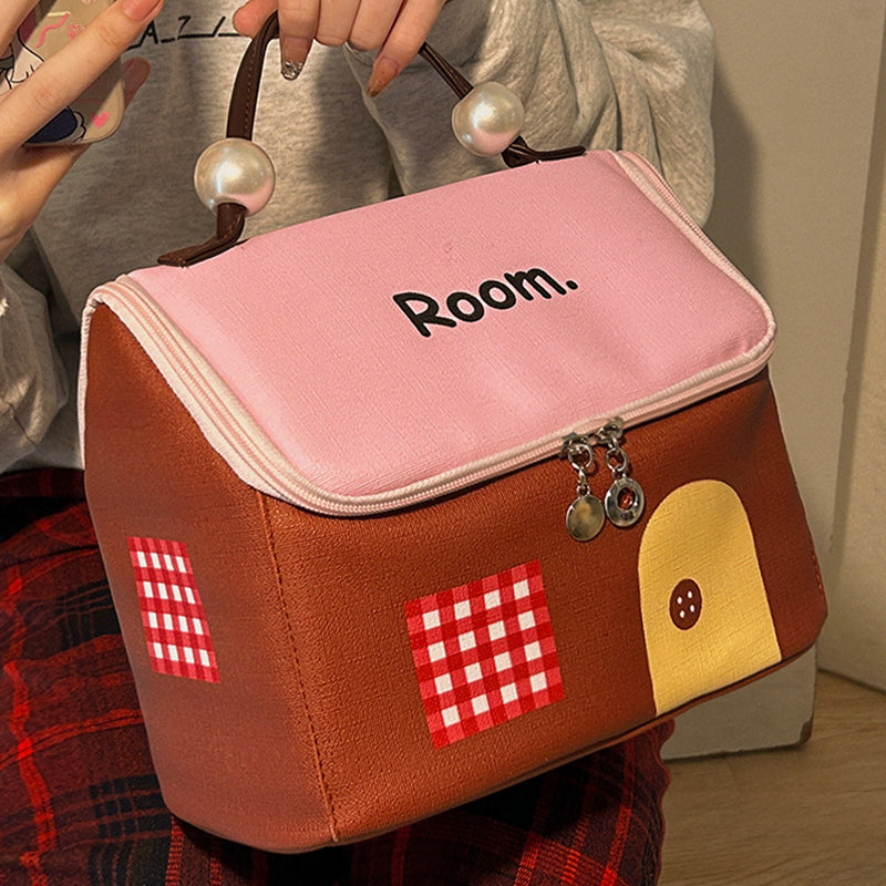 Large Capacity Color-Block Cartoon House-Shaped Handheld Cosmetic Bag