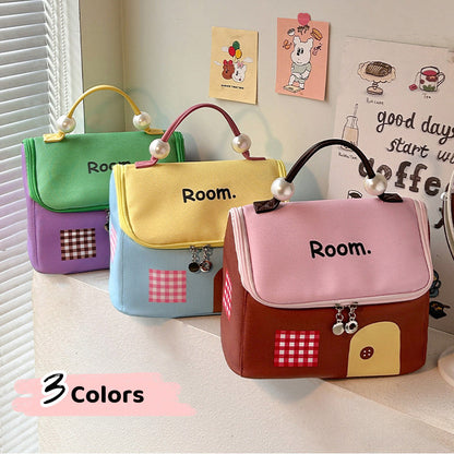 Large Capacity Color-Block Cartoon House-Shaped Handheld Cosmetic Bag