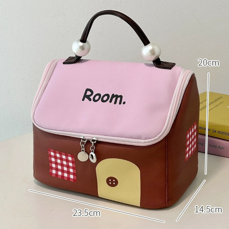 Large Capacity Color-Block Cartoon House-Shaped Handheld Cosmetic Bag