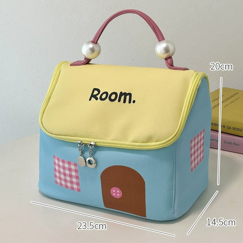 Large Capacity Color-Block Cartoon House-Shaped Handheld Cosmetic Bag