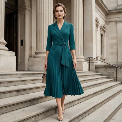 Elegant V-Neck Pleated Dress with Belt