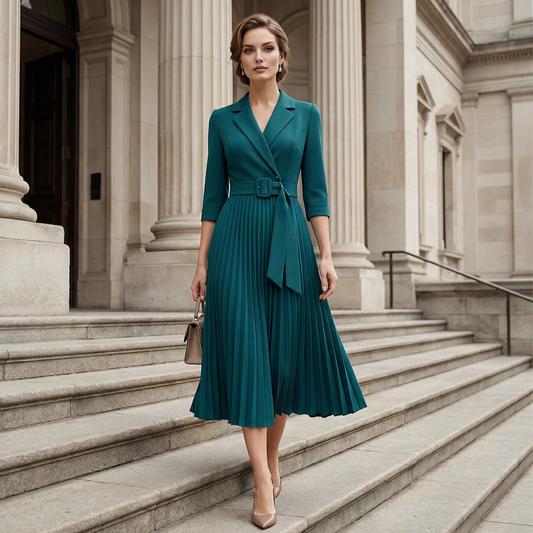 Elegant V-Neck Pleated Dress with Belt