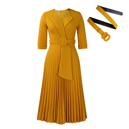 Elegant V-Neck Pleated Dress with Belt