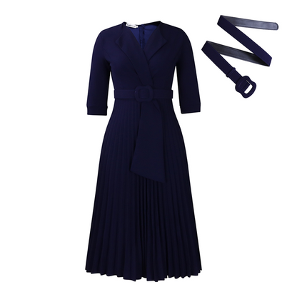 Elegant V-Neck Pleated Dress with Belt