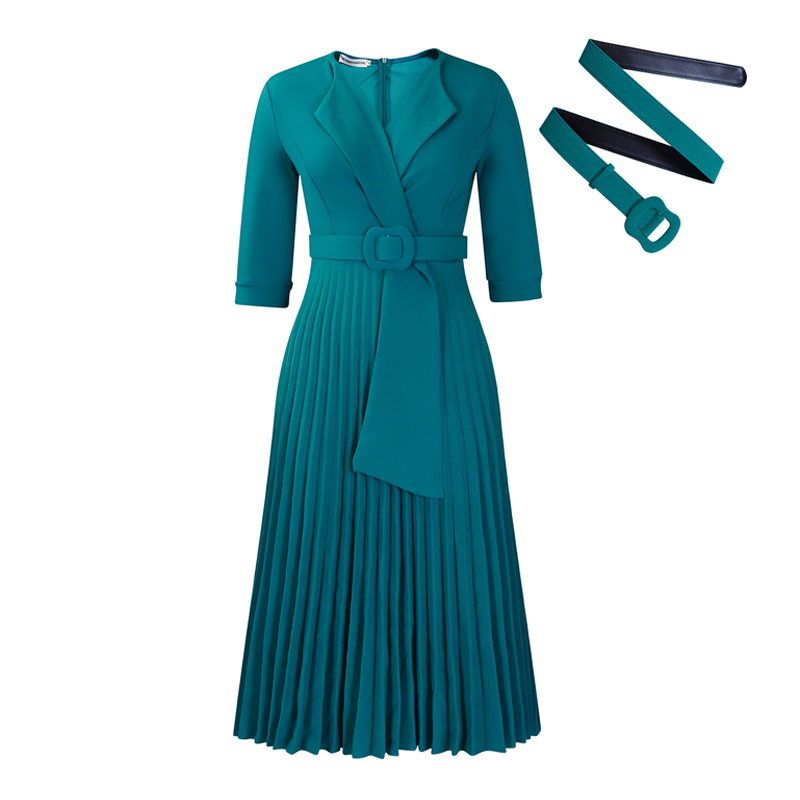 Elegant V-Neck Pleated Dress with Belt