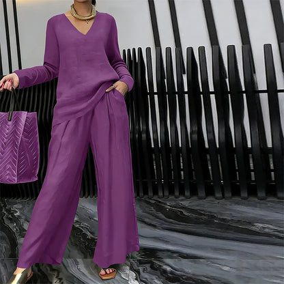 ✨ NEW! Women's V-Neck Lounge Set with Wide-Leg Pants