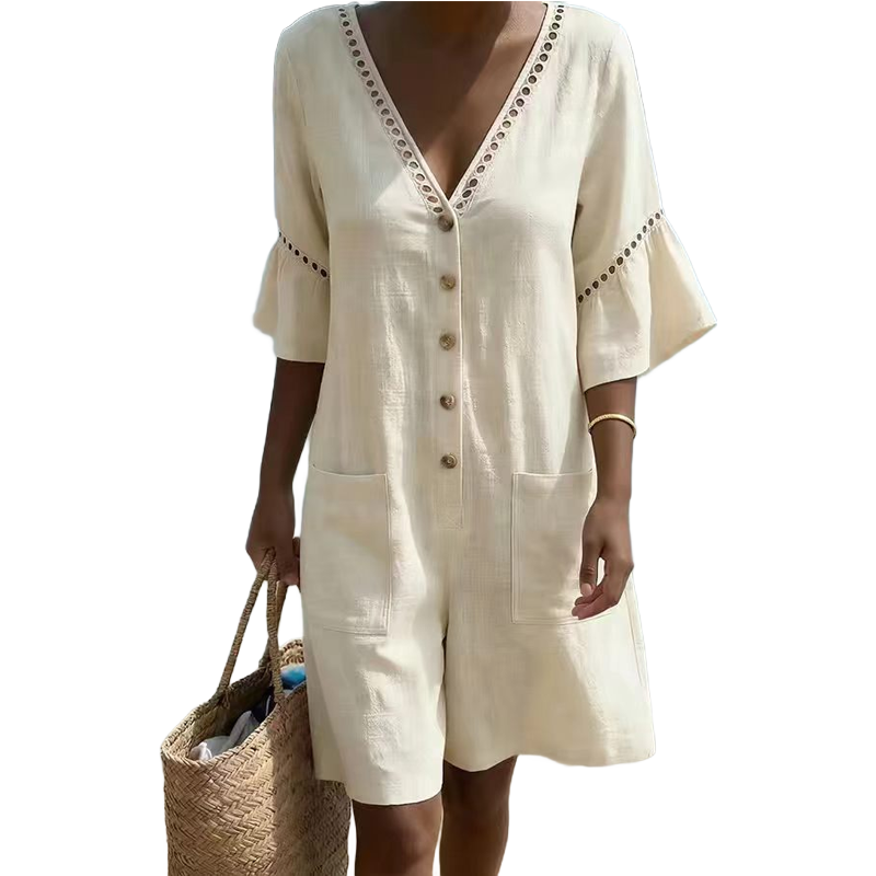 Women's Summer V-Neck Jumpsuit with Bell Sleeves