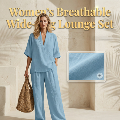 Women's Casual V-Neck Top and Wide-Leg Pants Set