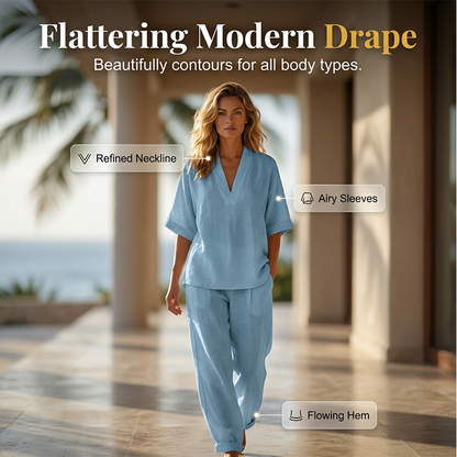 Women's Casual V-Neck Top and Wide-Leg Pants Set