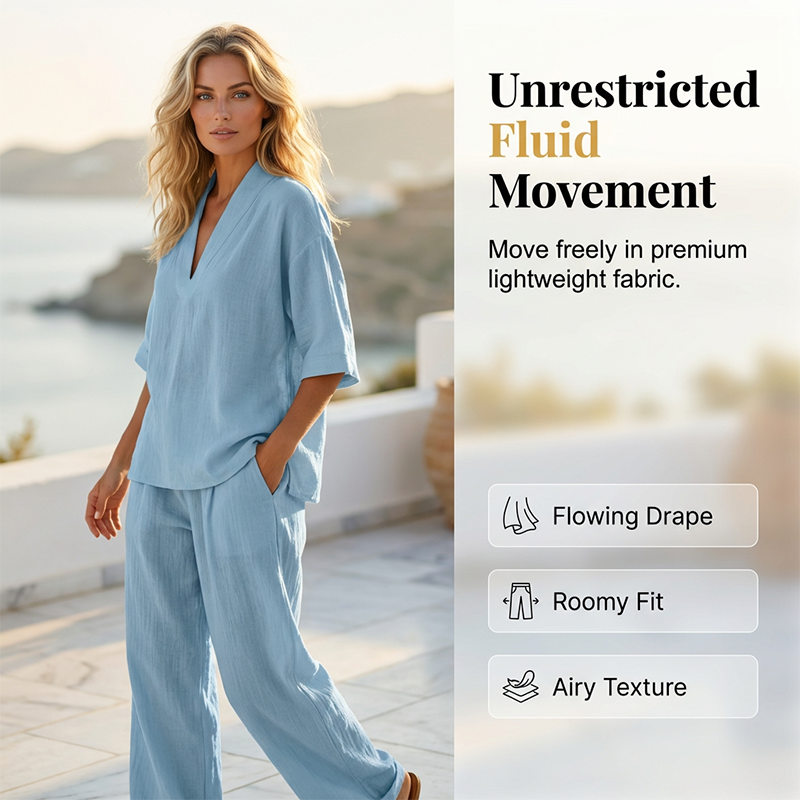 Women's Casual V-Neck Top and Wide-Leg Pants Set
