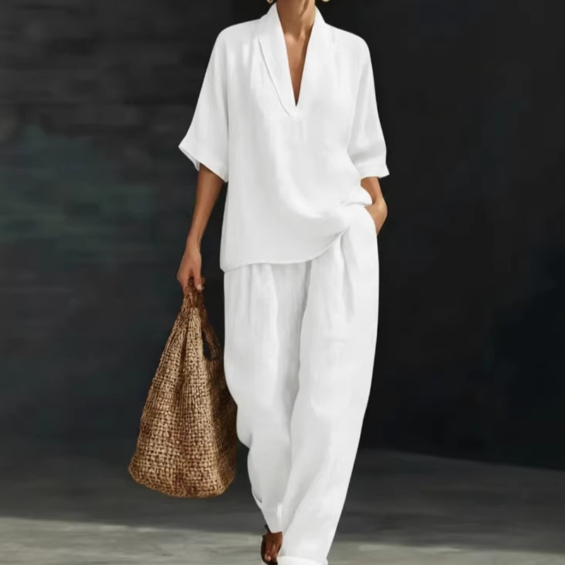 Women's Casual V-Neck Top and Wide-Leg Pants Set