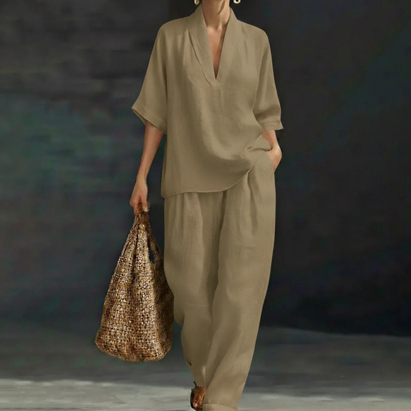 Women's Casual V-Neck Top and Wide-Leg Pants Set