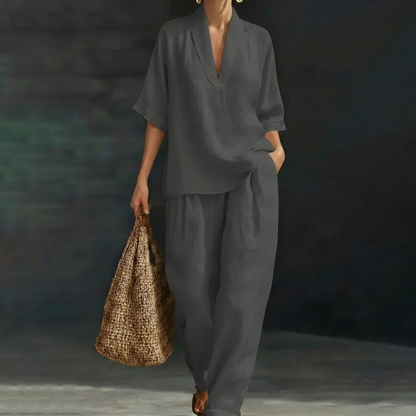 Women's Casual V-Neck Top and Wide-Leg Pants Set