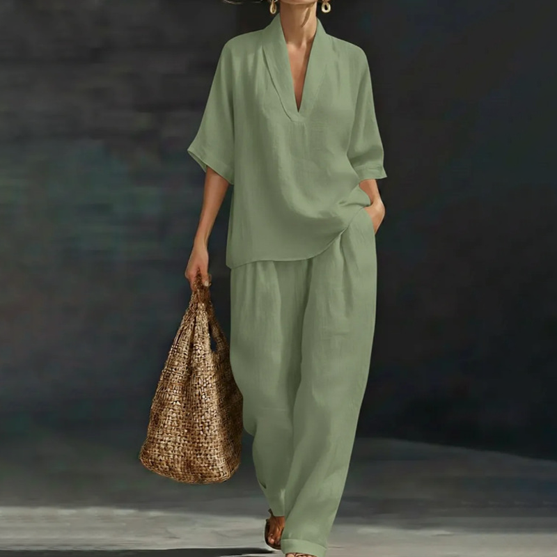 Women's Casual V-Neck Top and Wide-Leg Pants Set