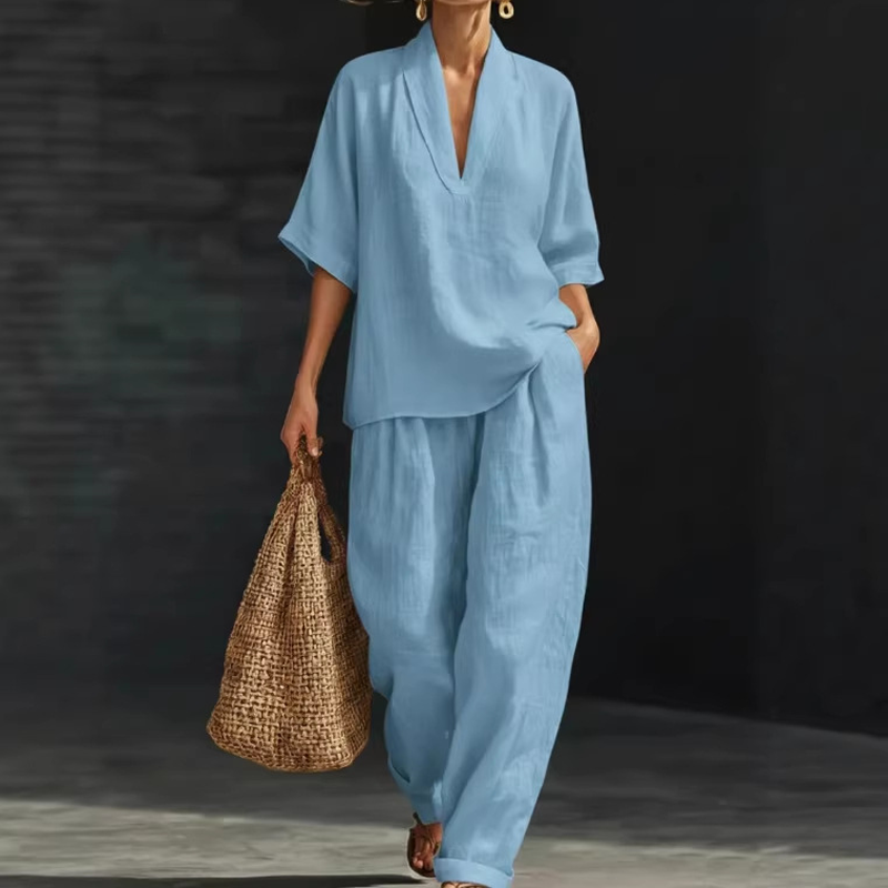 Women's Casual V-Neck Top and Wide-Leg Pants Set