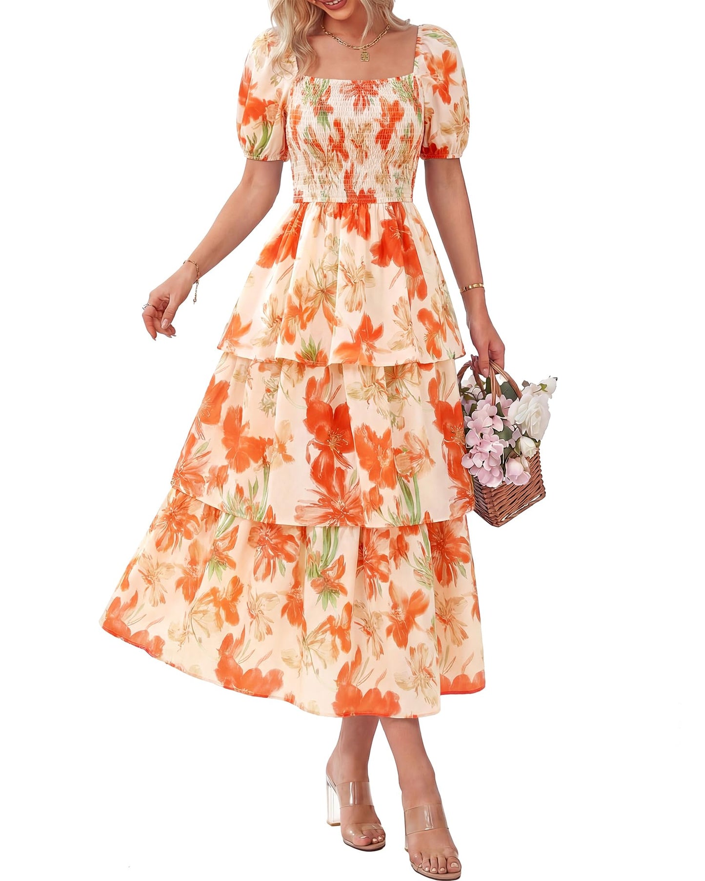 🔥Summer Hot Sale 50% OFF💃Women's Floral Square Neck Puff Short Sleeve Smocked Tiered Dress
