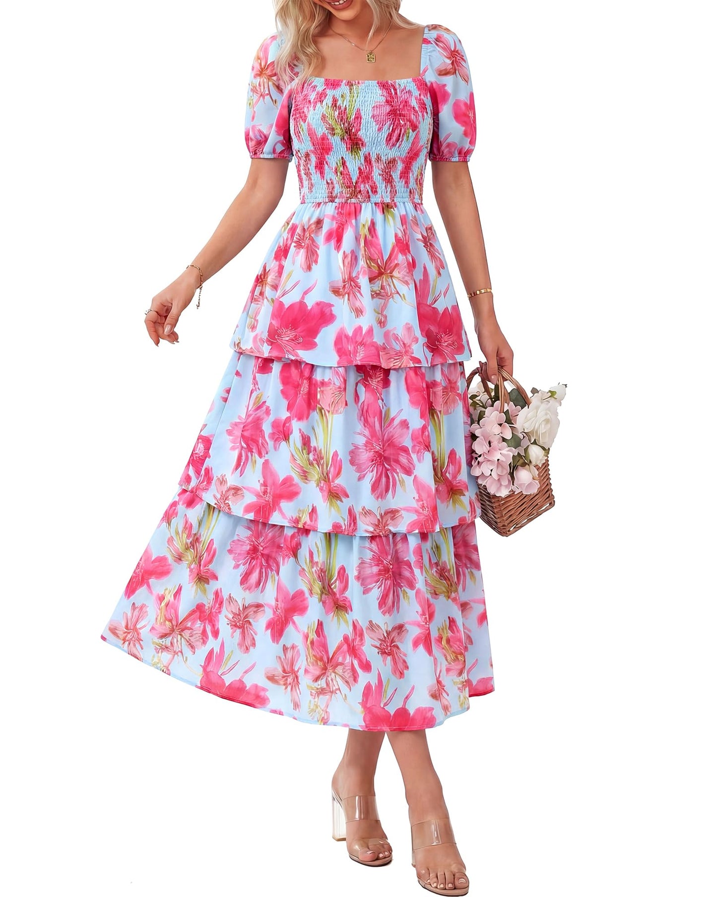🔥Summer Hot Sale 50% OFF💃Women's Floral Square Neck Puff Short Sleeve Smocked Tiered Dress