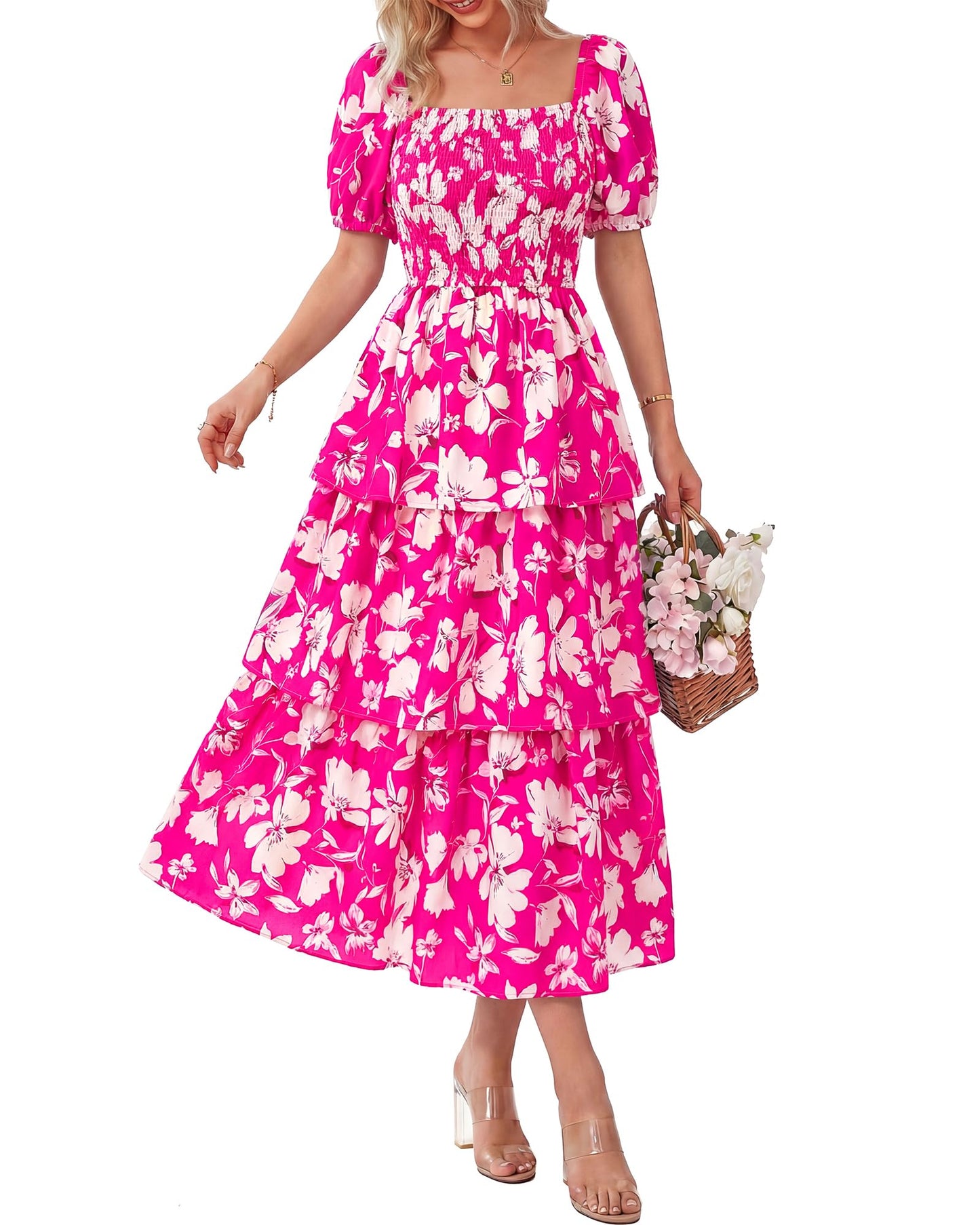🔥Summer Hot Sale 50% OFF💃Women's Floral Square Neck Puff Short Sleeve Smocked Tiered Dress