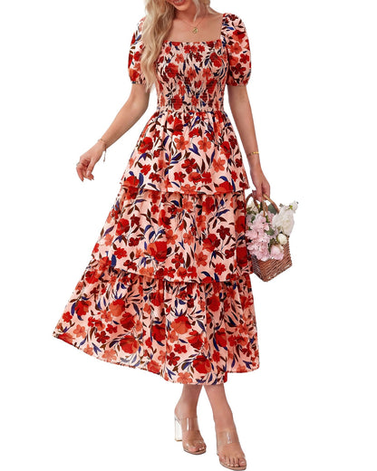 🔥Summer Hot Sale 50% OFF💃Women's Floral Square Neck Puff Short Sleeve Smocked Tiered Dress