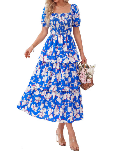 🔥Summer Hot Sale 50% OFF💃Women's Floral Square Neck Puff Short Sleeve Smocked Tiered Dress
