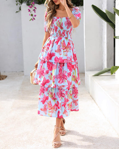 🔥Summer Hot Sale 50% OFF💃Women's Floral Square Neck Puff Short Sleeve Smocked Tiered Dress