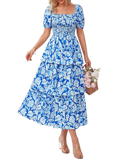 🔥Summer Hot Sale 50% OFF💃Women's Floral Square Neck Puff Short Sleeve Smocked Tiered Dress