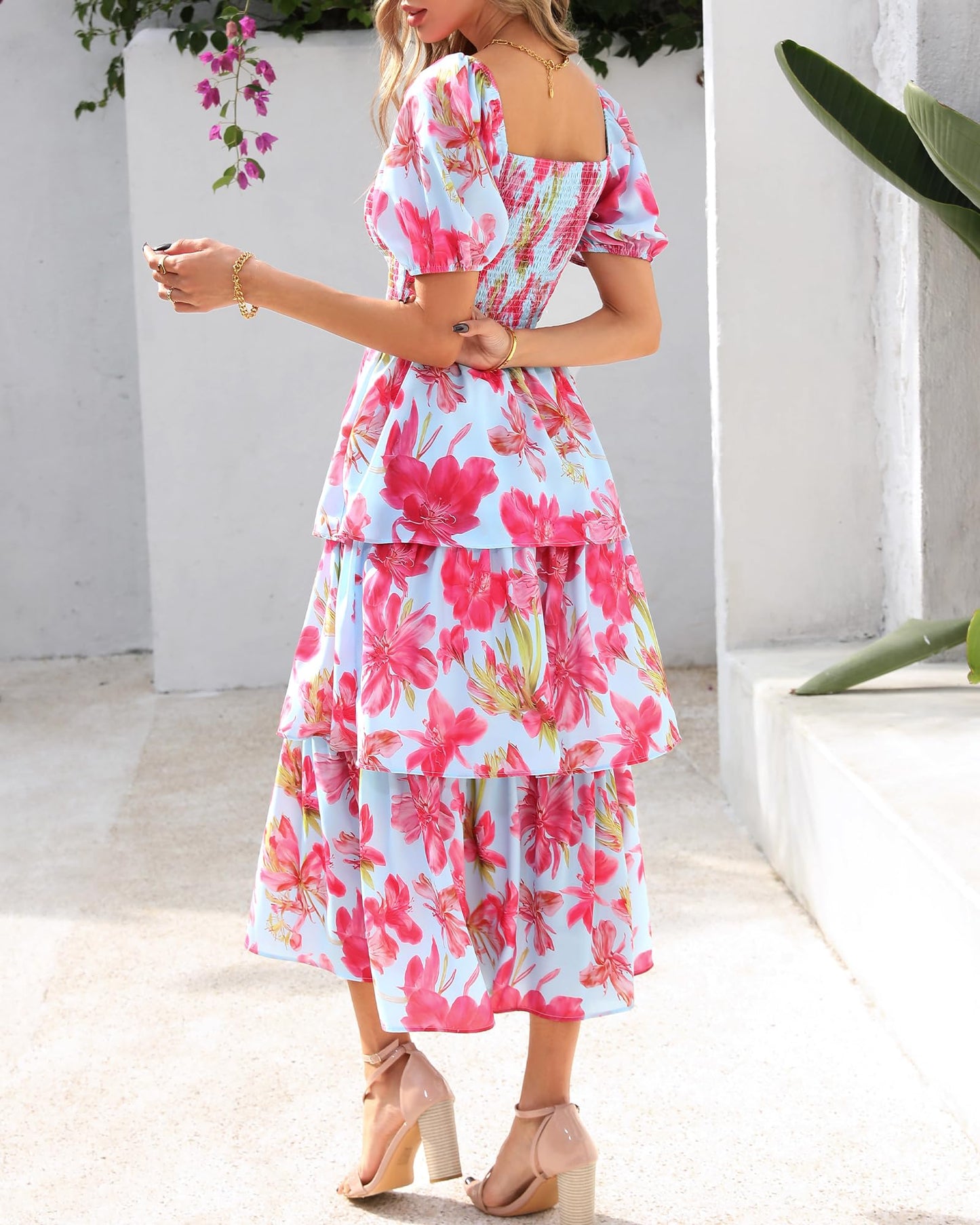 🔥Summer Hot Sale 50% OFF💃Women's Floral Square Neck Puff Short Sleeve Smocked Tiered Dress