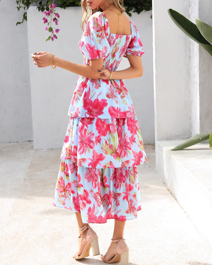 🔥Summer Hot Sale 50% OFF💃Women's Floral Square Neck Puff Short Sleeve Smocked Tiered Dress