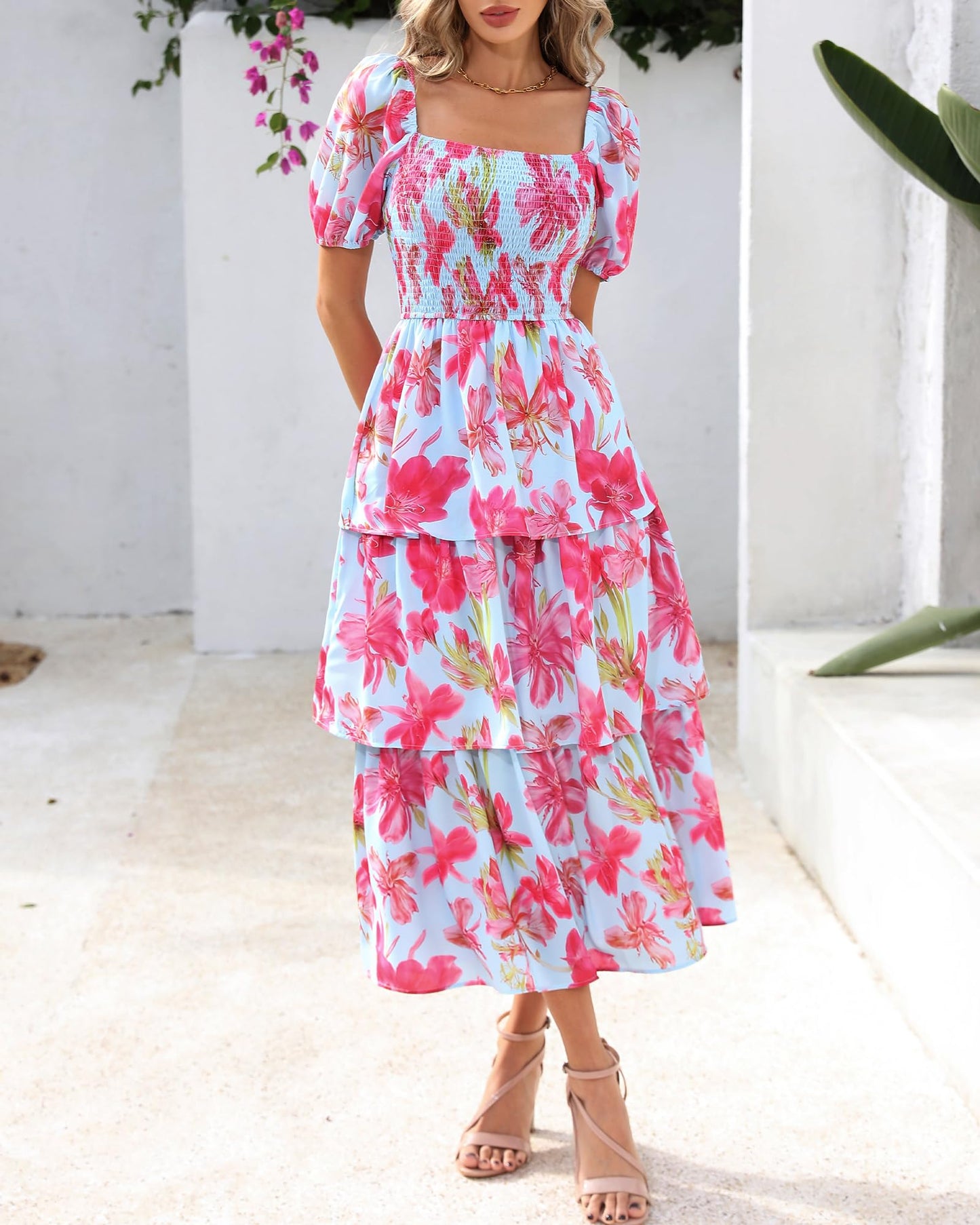 🔥Summer Hot Sale 50% OFF💃Women's Floral Square Neck Puff Short Sleeve Smocked Tiered Dress