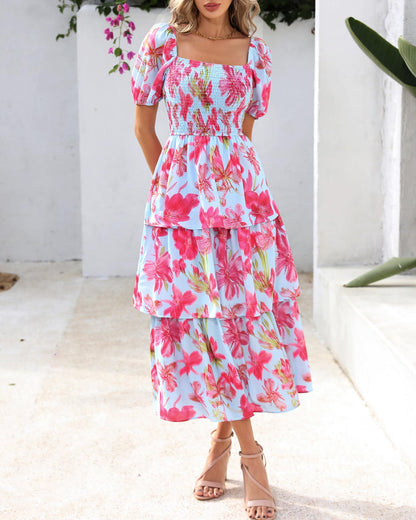 🔥Summer Hot Sale 50% OFF💃Women's Floral Square Neck Puff Short Sleeve Smocked Tiered Dress