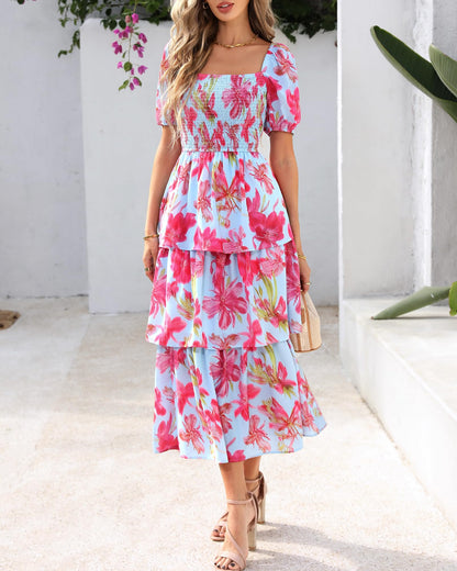 🔥Summer Hot Sale 50% OFF💃Women's Floral Square Neck Puff Short Sleeve Smocked Tiered Dress