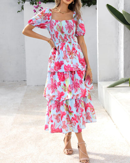 🔥Summer Hot Sale 50% OFF💃Women's Floral Square Neck Puff Short Sleeve Smocked Tiered Dress